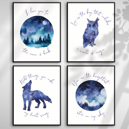 Valentine's Gift: 4 Printable Wall Art Posters, Digital Download, Cute Moon & Stars Watercolour Illustration, 6 sizes